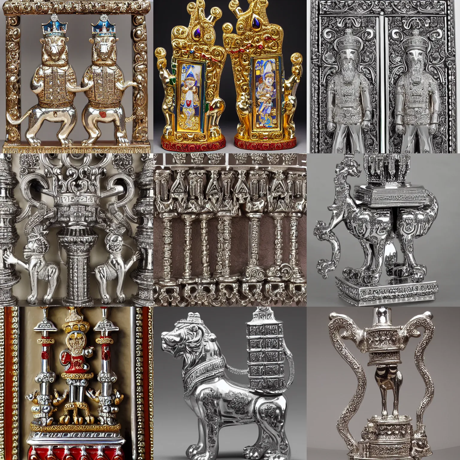 Prompt: highly detailed ornate filigreed convoluted ornamented elaborate chrome hanukkiah with two lions on back feet holding tablets of stone with a crown