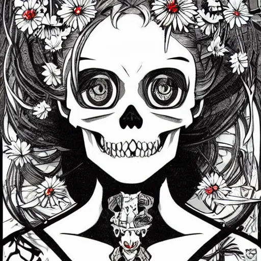 Image similar to anime manga skull portrait girl female skeleton illustration looney toons art Geof Darrow and alphonse mucha pop art nouveau