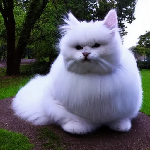 Image similar to giant! cat larger than trees with fur overwhelmingly ( very very fluffy! ) giant! puffy fur in a park drone picture