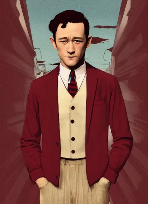 Image similar to joseph gordon - levitt joseph gordon - levitt!!!, joseph gordon - levitt jgl josephgordonlevitt wearing a 1 9 2 0 s red striped outfit, from scene from twin peaks by michael whelan, tomer hanuka, rossetti bouguereau, artgerm, retro, nostalgic, old fashioned