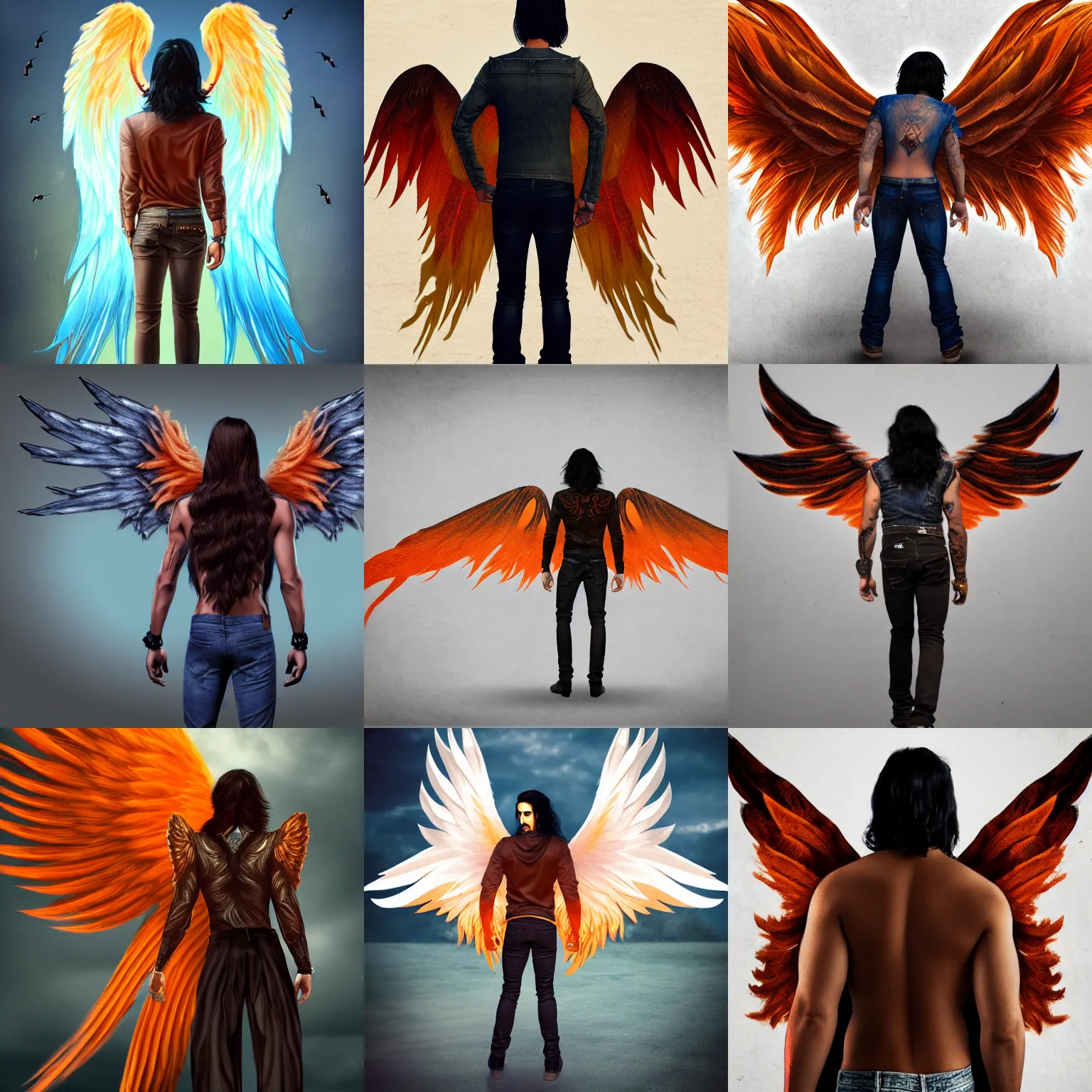 Prompt: male angel avan jogia with large wings. View from the back. Orange feathers, jeans, brown skin, long black hair. Distant full body shot. detailed urban fantasy digital art, trending on artstation