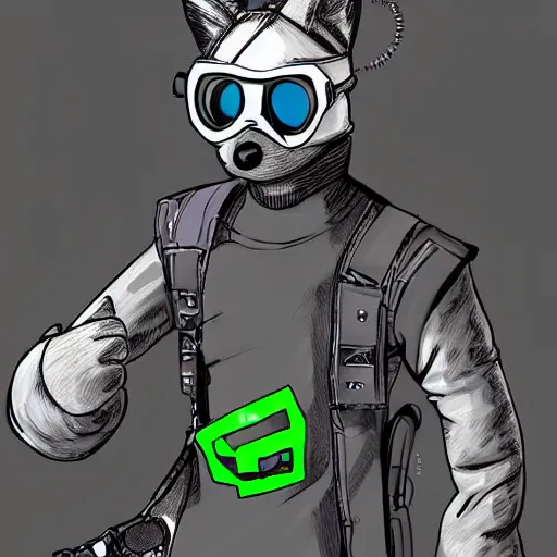 Prompt: anthropomorphic Raccon dressed in a cyberpunk outfit with goggles on the head, digital art