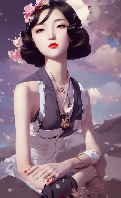 Image similar to a pin up and beautiful fashion charming dreamlke korea girl with lv jewelry, character art, art by artgerm lau and kyoung hwan kim and and ilya kuvshinov and john singer sargent, hyperdetailed, 8 k realistic, symmetrical, frostbite 3 engine, cryengine, dof, trending on artstation, digital art