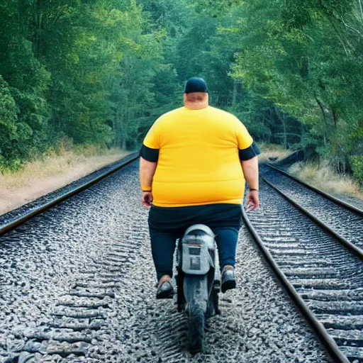 Image similar to All we had to do was follow the damn train, high quality photograph, a man on a yellow dirtbike and a fat man in green shirt standing next to him