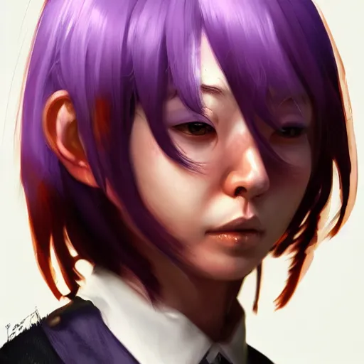 Image similar to Portrait of a Japanese schoolgirl with short hair and lilac eyes causing flames in a moment of rage, hyperdetailed, artstation trending, world renowned artists, cgsociety, by Boris Valejjo, Deviantart