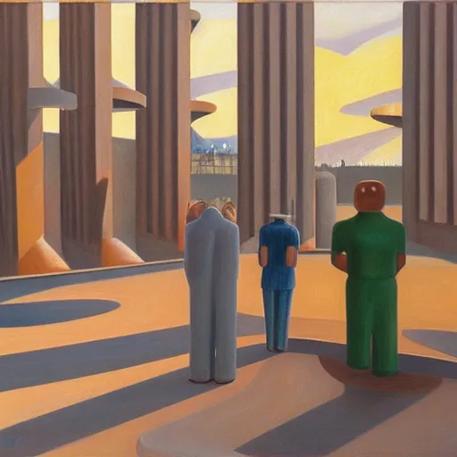 Image similar to first - person view of a stark concrete maze with people looking into portholes, ( grant wood ), pj crook, ( ( ( edward hopper ) ) ), oil on canvas