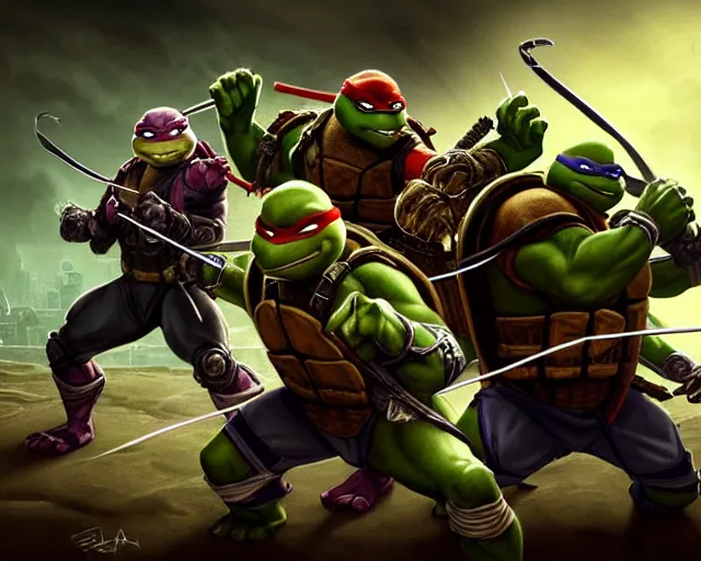 Image similar to a gaming screenshot still portrait of teenage mutant ninja turtles in mortal kombat, deep focus, d & d, fantasy, intricate, elegant, highly detailed, digital painting, artstation, concept art, matte, sharp focus, illustration, dark fantasy style art, hearthstone, art by artgerm and greg rutkowski and alphonse mucha