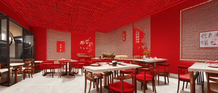 Image similar to a beautiful hyperdetailed interior render of roasted string hotpot restaurant restaurant yan'an, wall corner, from china, red paper wall and white tile floor, with merchant logo, fine delicate structure, chinese style, simple composition, simple style structure decoration design, victo ngai, 4 k hd