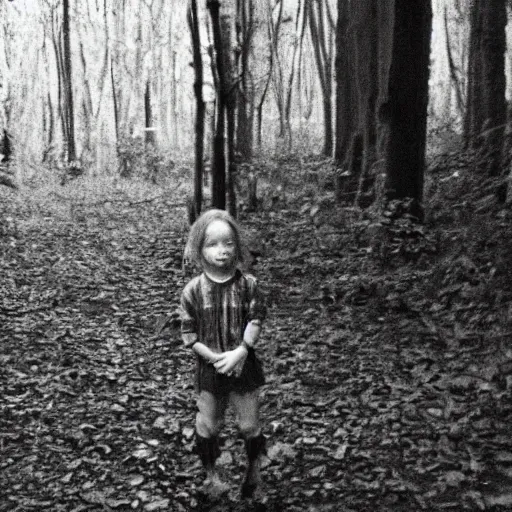 Image similar to kid looking at camera in forest at night, far away from camera, 70s photo, out of focus, motion blur, cctv footage, horror movie, horror lighting, blair witch project, old photo