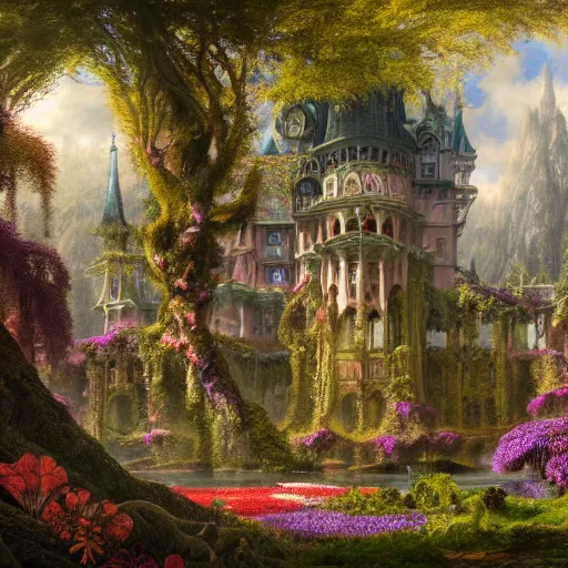 Image similar to a beautiful and highly detailed matte painting of a beautiful sprawling palace in a magical fantasy forest garden, psychedelic flowers and trees, colorful vegetation, epic scale, insanely complex, hyperdetailed, sharp focus, hyperrealism, artstation, cgsociety, 8 k, bright colors, by caspar friedrich, albert bierstadt, james gurney, brian froud,