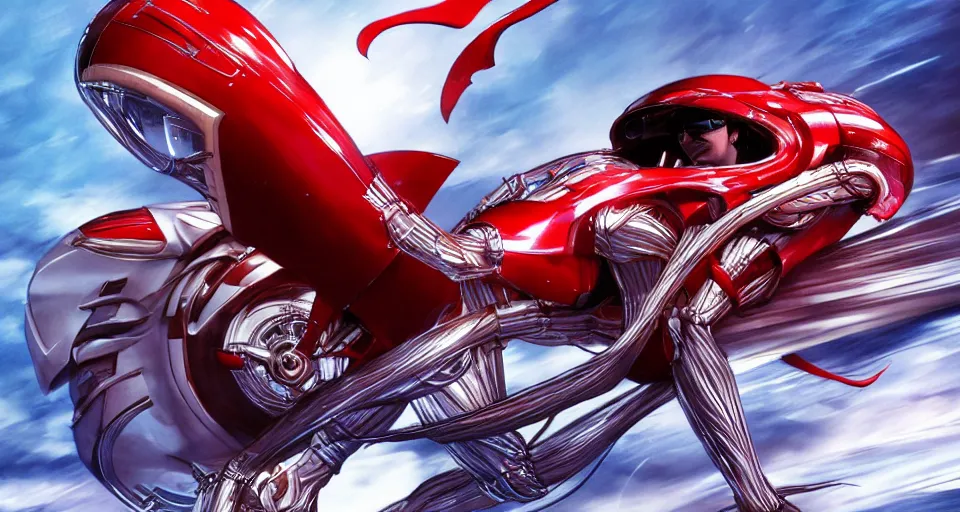 Image similar to Speed Racer Designed By Moebius Yasushi Nirasawa and HR Giger, full body action pose, hyperrealistic, octane render, HDR, volumetric lighting,