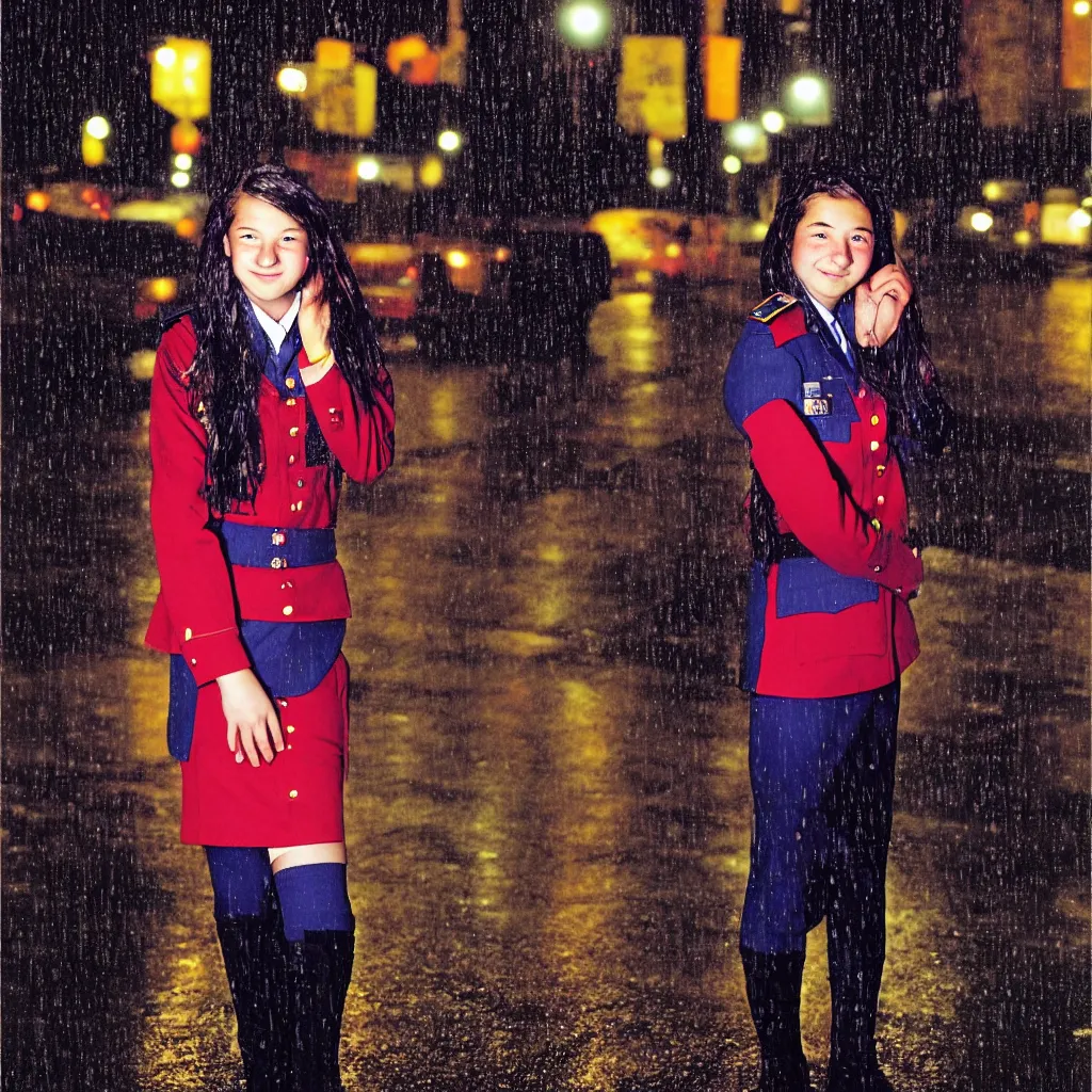 Image similar to night flash portrait photography of a high school girl in uniform on the lower east side by annie leibovitz, colorful, nighttime!, raining!