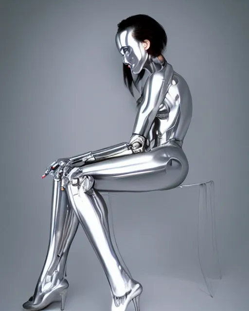 Prompt: Hajime Sorayama designed Metallic Robot Woman as Angelina Jolie, Studio Lighting. Robot woman’s skin made out of reflective chrome, Hyperreal