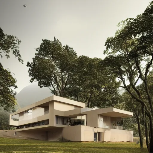 Image similar to beige rectangular house with big atrium, roman villa, collumns, on a hill surrounded by big trees, dramatic lighting, artstation, matte painting, raphael lacoste, simon stalenhag, frank lloyd wright, zaha hadid, drone view