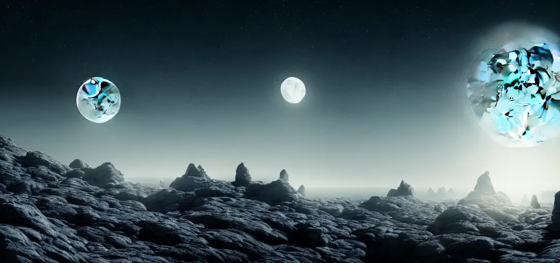 Image similar to uhd, filmic lighting, cinematic art shot, hyperrealistic, hyperdetailed, super detailed, 8 k, high resolution, moon landscape, white rocks made of bone, 8 k uhd matte painting, mega high white mountain, midnight