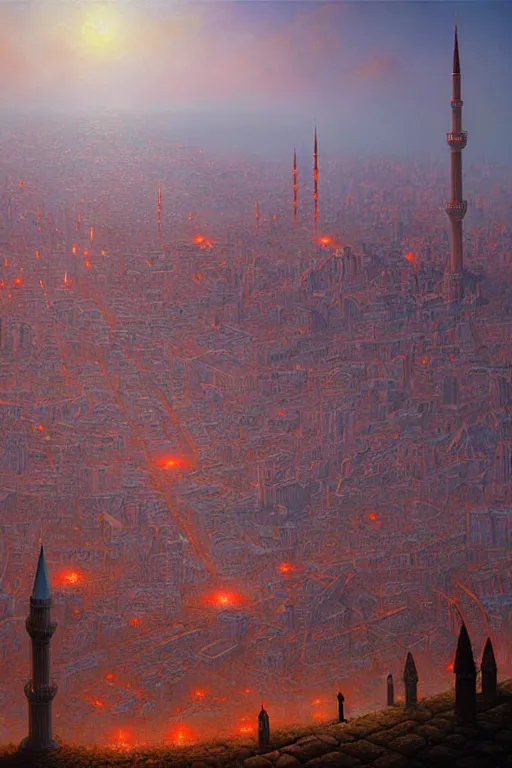 Prompt: skyline of istanbul, cementary scenery, fantasy 3 d render, masterpiece, red aura, by donato giancola and greg rutkowski and wayne barlow and zdzisław beksinski