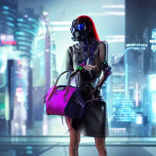 Image similar to a girl wearing a handbag from the future, cyberpunk background, highly detailed, epic lighting, hyper photorealism, 8 k