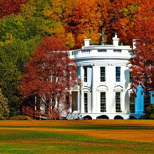 Image similar to crisp painting of a white house in an autumn forest