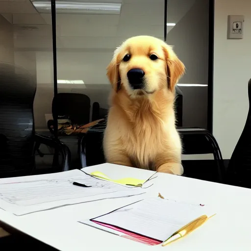 Prompt: golden retriever puppy sitting at in a boardroommeeting, looking tired, in the style of dilbert, scott adams, comic strip,