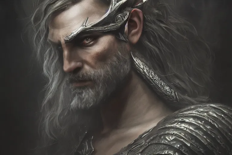 Image similar to A dark, brooding painting of an Elven King, hyperrealistic, high-quality, professional, dramatic lighting, extremely high detail, trending on artstation