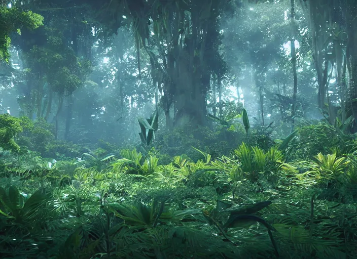 Image similar to a lush alien forest, teal sky, orange plants, birds in flight, humid alien jungle, atmospheric, exotic, unreal engine, trending on artstation