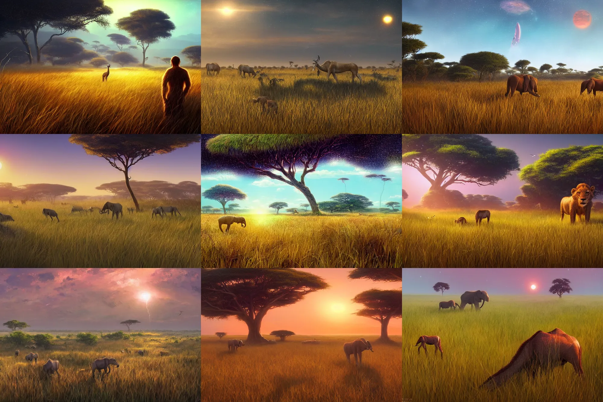 Prompt: distant wildlife on the african plains, long grass, sparkling water, glistening, hyper realistic, hyper detailed, digital art, trending in artstation, cinematic lighting, studio quality, smooth render, unreal engine 5 rendered, octane rendered, by paul lehr