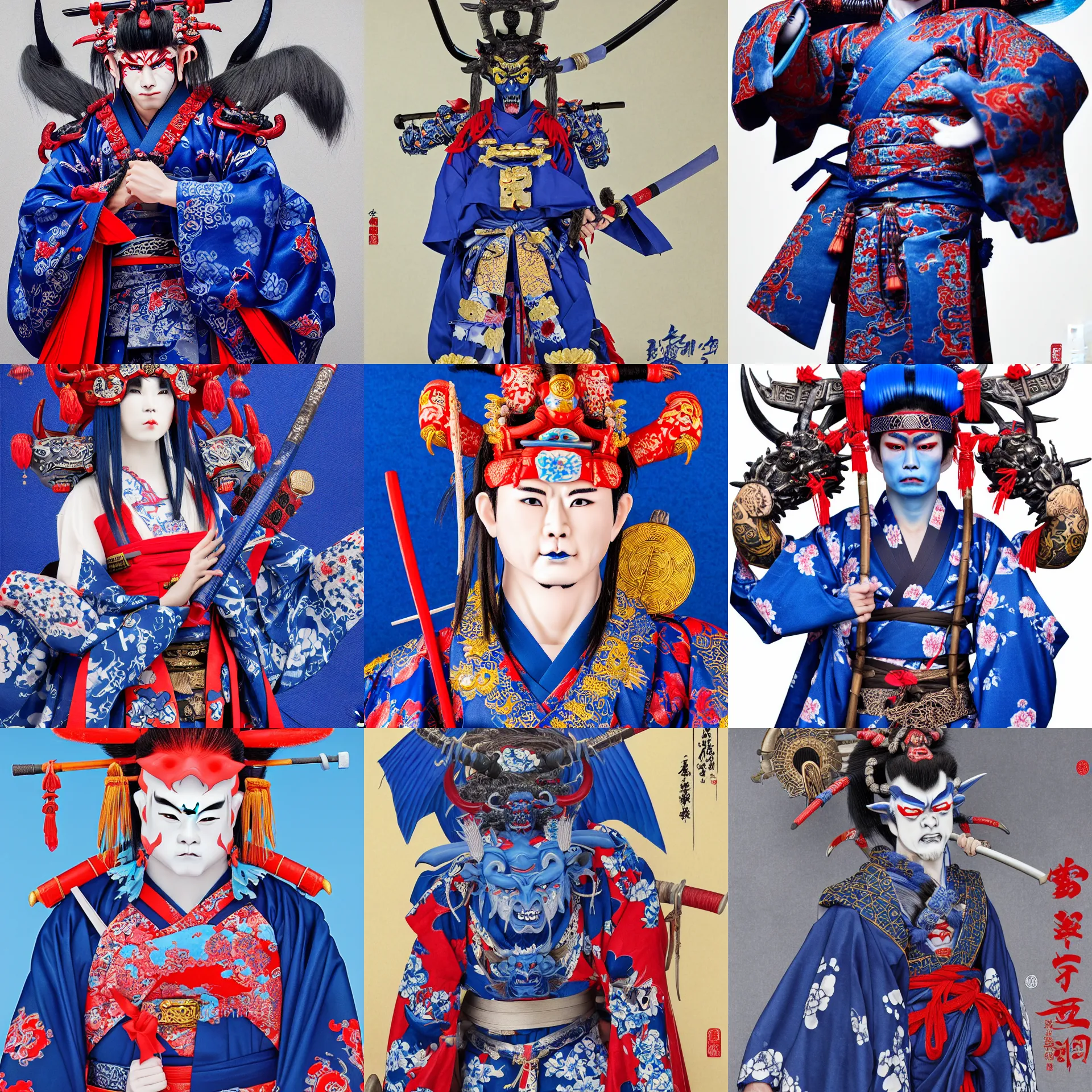 Prompt: a standing portrait of a male blue oni demon 鬼 👹 blue horns horns horns blue skin dressed as samurai 羽 織 haori kimono official portrait highly detailed, 4 k, hdr, smooth, sharp focus, high resolution, award - winning, illustrated by anne stokes, from sengoku period