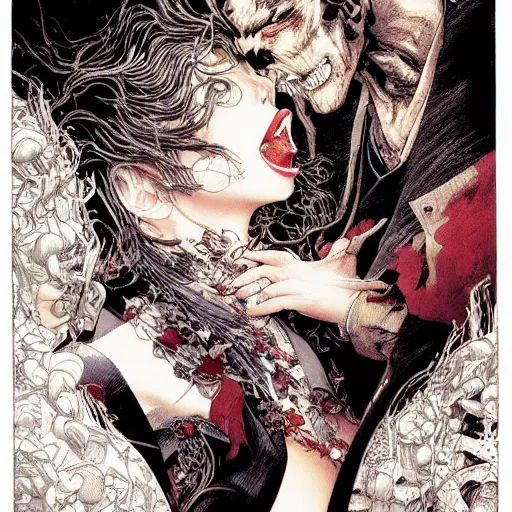 Image similar to closeup of vampire kiss, by yoichi hatakenaka, masamune shirow, josan gonzales and dan mumford, ayami kojima, takato yamamoto, karol bak