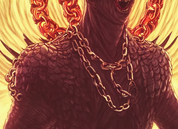 Image similar to lucifer, dark angel, hybrid human with snake, red eyes, chain, handcuffs, large chain, wide open mouth, scream, cruelty, sea bottom, light effect, highly detailed, artstation, concept art, matte, sharp focus, illustration, by dan mumford, yusuke murata, makoto shinkai, ross tran