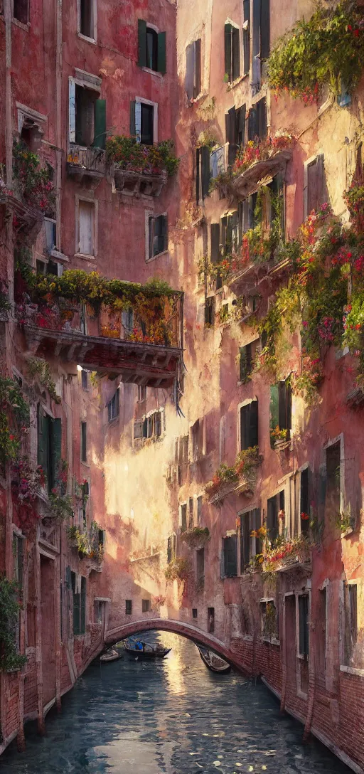 Prompt: Within a pathway in the Venice Italy Canals, beautiful raking sunlight, apartments with colourful balconies, flowers, laundry hanging, bridges, gondolas, golden hour, by Craig Mullins, arstation, concept art