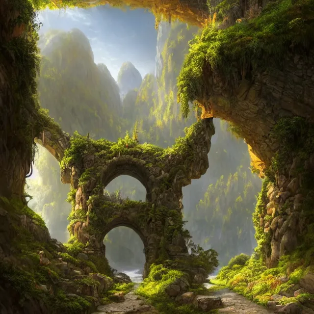 Image similar to a beautiful hyper realistic detailed matte painting of a perfect stone archway over a pathway through a dense colorful forest, dramatic mountains in background, dramatic lighting, dynamic lighting, cinematic lighting, lit by morning light, by raphael lacoste and john howe and andreas rocha, unreal engine, featured on artstation, ultrawide angle, f 8, polarizer filter