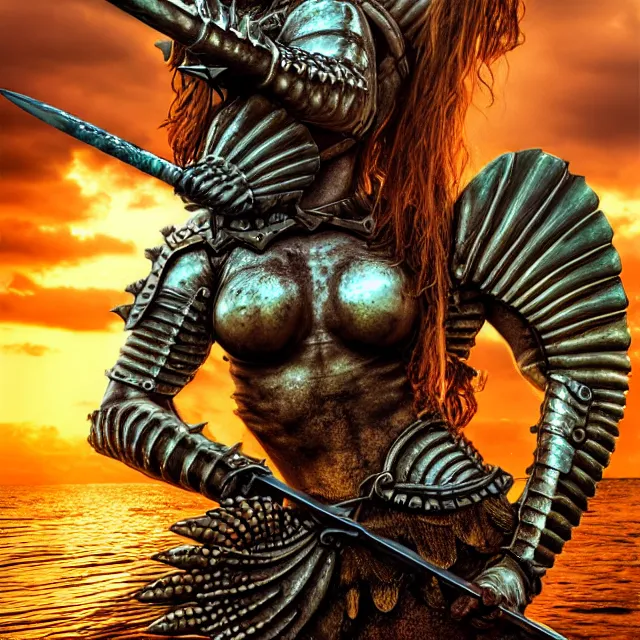 Prompt: armoured mermaid warrior with trident 4 k, hdr, smooth, sharp focus, high resolution, award - winning photo, anne stokes, photorealistic