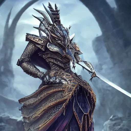 Image similar to highly detailed realistic stunning shot of a beautiful elegant anthropomorphic female dragon knight, resting a detailed and engraved longsword over her armored shoulder, cloak flittering in the wind, high quality, HD octane render, epic cinematography, Artstation, Deviantart, Furaffinity