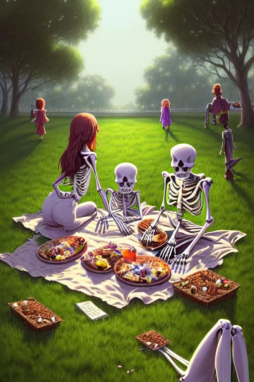 Image similar to a detailed illustration of a skeleton family on a picnic, afternoon at the park, intricate, gothic, highly detailed, digital painting, trending on artstation, smooth, sharp focus, illustration, art by greg rutkowski, loish, rhads, makoto shinkai and lois van baarle, ilya kuvshinov, rossdraws