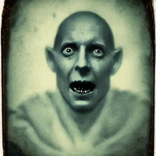 Image similar to demonic shark as human, portrait, tintype, creepy, real.