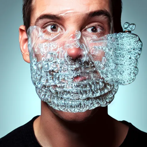 Image similar to portrait of a man who's face is made of bubble wrap plastic, he looks terrified