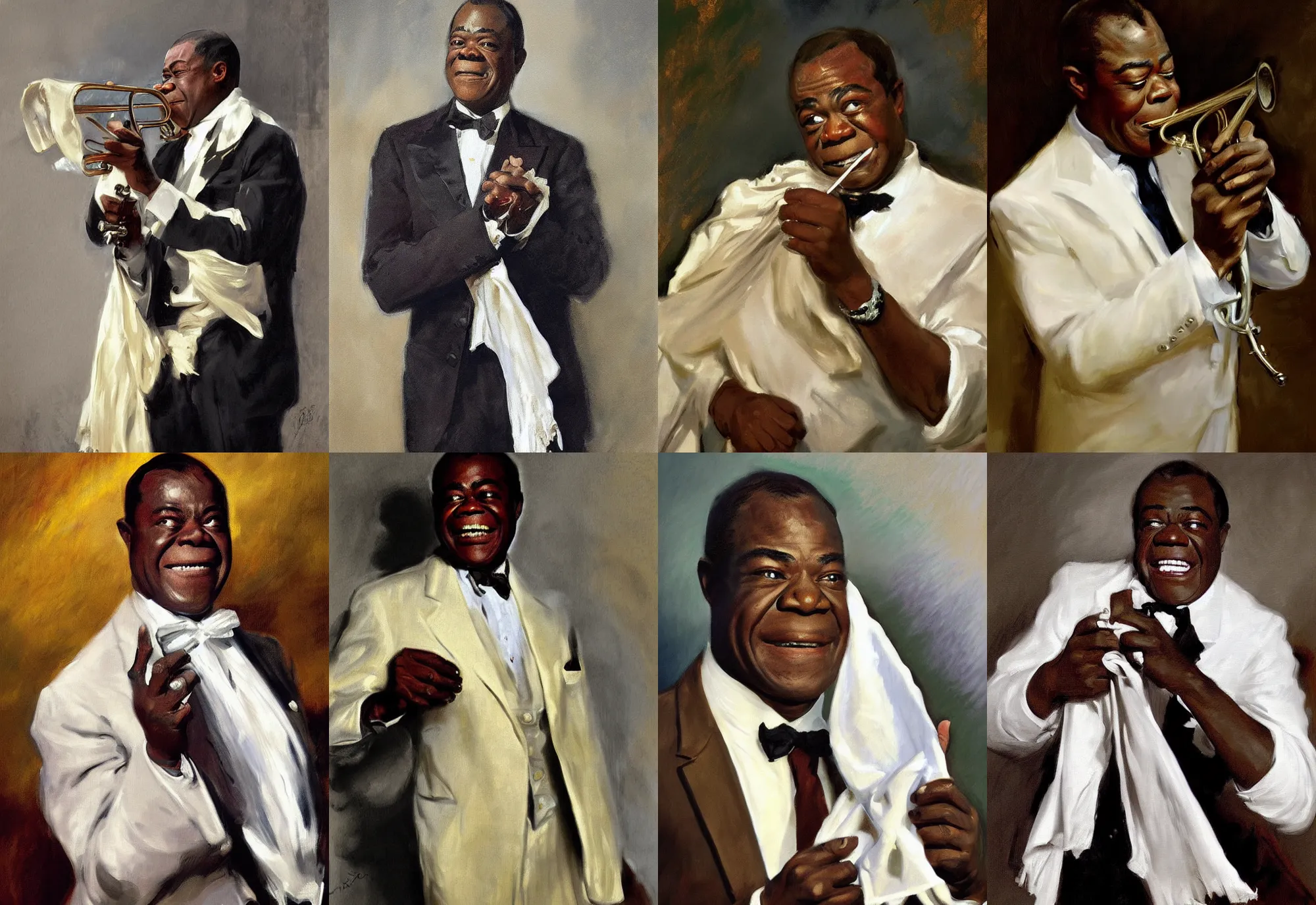 Image similar to a portrait of louis armstrong holding a white handkerchief, by john singer sargent, dramatic lighting, highly detailed digital painting