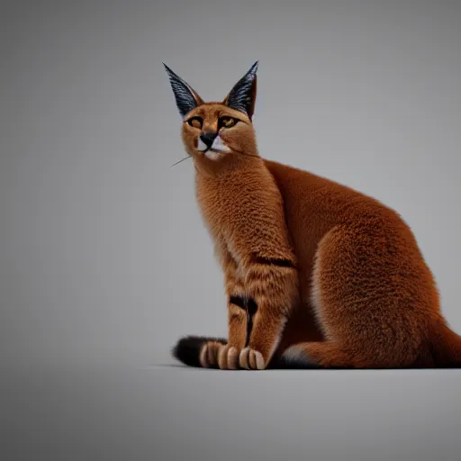 Prompt: wide-angle photo of cute caracal sitting on a wooden chair in a room, fire at background, octane render, 3d, 8k, hd, studio light