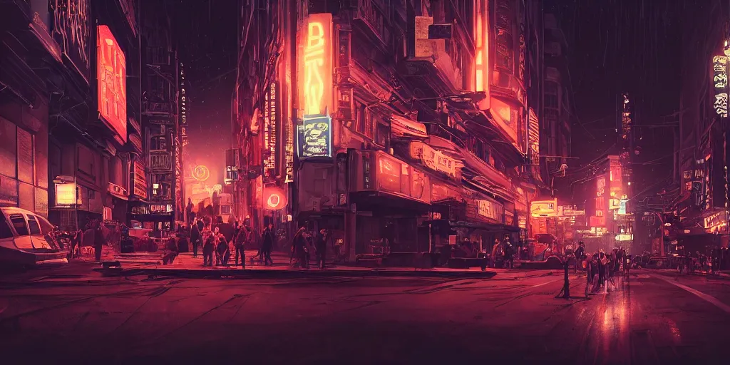 Prompt: fisheye lens shot of tech - noir dystopian city, streets, meteors in the sky, incandescent lights, neon signs, people walking, peter morbacher, ross tran, greg rutkowski, intricate details, extravagant, trending on artstation, cinematic lighting, digital painting, sharp focus, no blur, octane render, artgerm