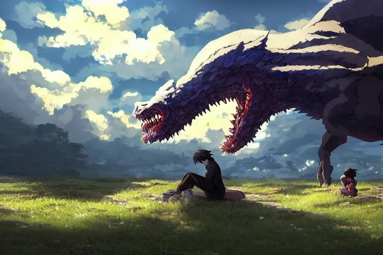 Image similar to giant monster eating everybody, highly detailed, 4k resolution, lighting, anime scenery by Makoto shinkai