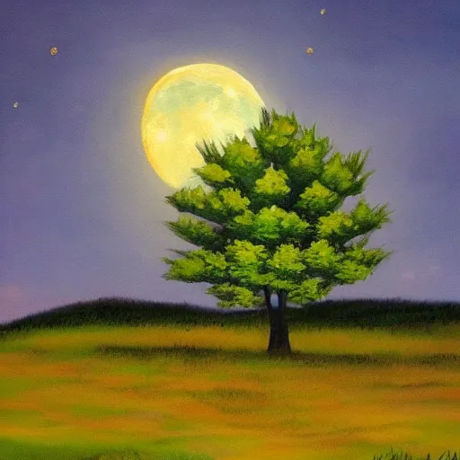 Image similar to This painting has such a feeling of peace and serenity. The tree is so still and calm, despite the wind blowing around it. The moonlight casts a soft glow over everything and the starts seem to be winking at you...