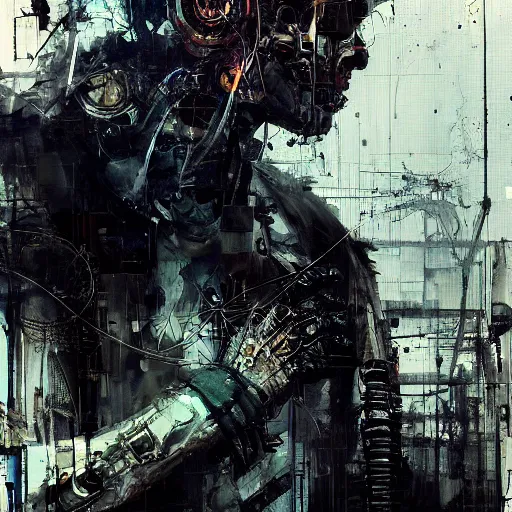 Image similar to cybernetic hunter, cyberpunk, wires, skulls, machines by emil melmoth zdzislaw belsinki craig mullins yoji shinkawa realistic render ominous detailed photo atmospheric by jeremy mann francis bacon and agnes cecile ink drips paint smears digital glitches glitchart