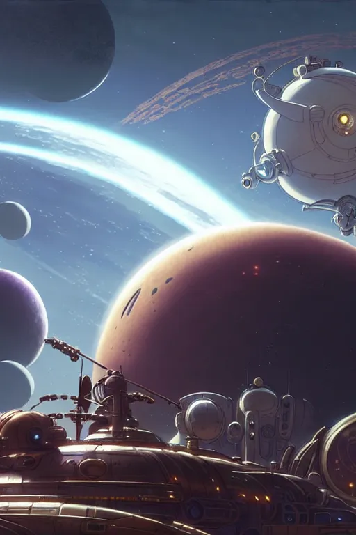 Image similar to steampunk spaceship infront of a planet, exquisite details, denoised, mid view, by karl kopinski, artsation, greg rutkowski, makoto shinkai, takashi takeuchi, studio ghibli