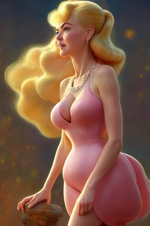 Image similar to polished sweaty princess peach : : young nicole kidman face : : kate upton body : : weta disney pixar movie still photo : : hi - fructose, sci fi, fantasy, decadent highly - detailed digital painting, golden ratio, octane render, artstation, smooth, sharp focus, artgerm, mucha, loish, wlop : :