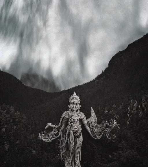 Image similar to mystical death god in beautiful nature, film photo, grainy, high detail, high resolution