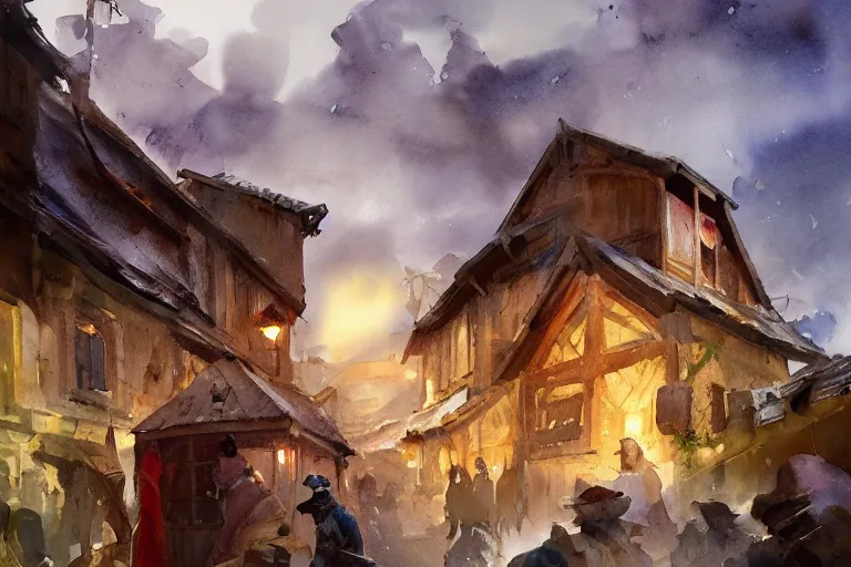 Image similar to paint brush strokes, abstract watercolor painting of rustic village at nightfall, lantern, ambient lighting, art by hans dahl, by jesper ejsing, art by anders zorn, wonderful masterpiece by greg rutkowski, cinematic light, american romanticism by greg manchess, creation by tyler edlin