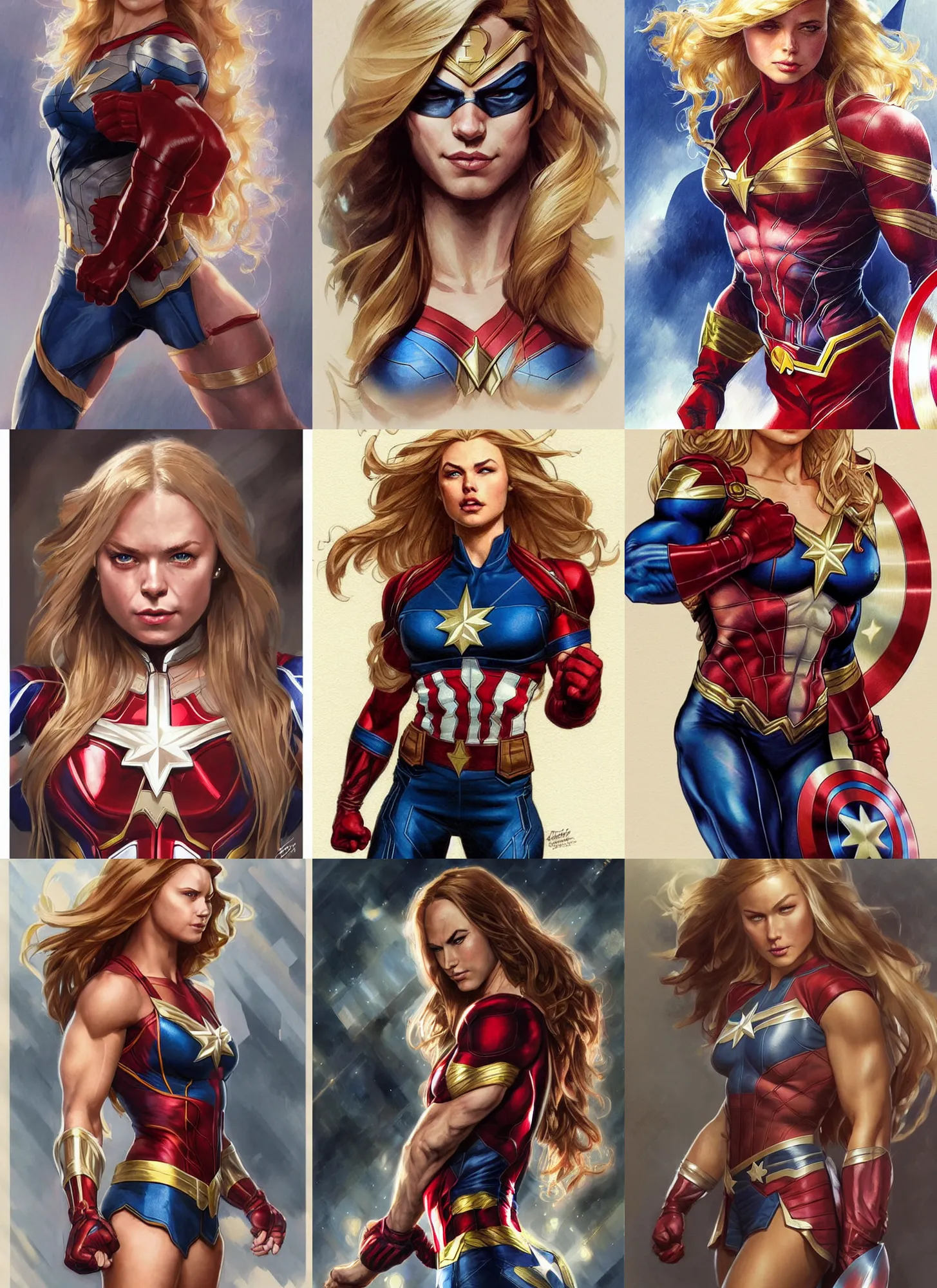 Prompt: a very muscled young april with a mischievous face and extremely long blonde wavy hair dressed as captain america, batman, the flash, captain marvel, wonder woman, a superhero. beautiful detailed face, artgerm, greg rutkowski, alphonse mucha