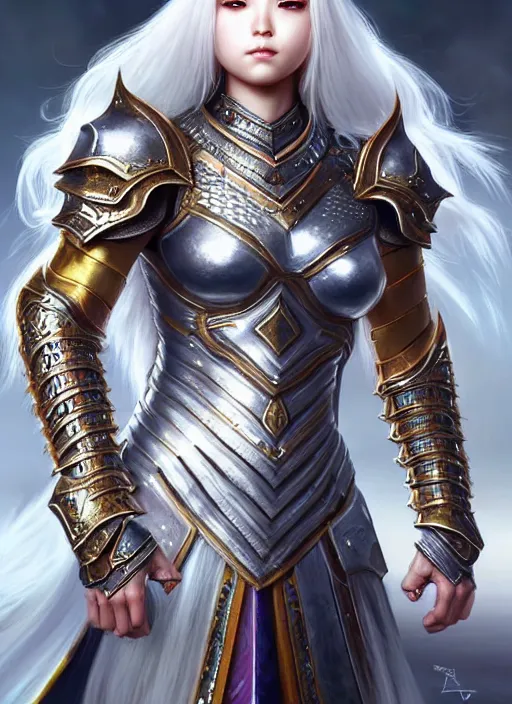 Image similar to warrior, intricate ornate opal heavy armor!!! beautiful and athletic white hair female!! gorgeous face and eyes!! character concept art, sharp focus, octane render! unreal engine 5! highly rendered!! trending on artstation!! detailed linework!! illustration by artgerm, wlop, and chie yoshii