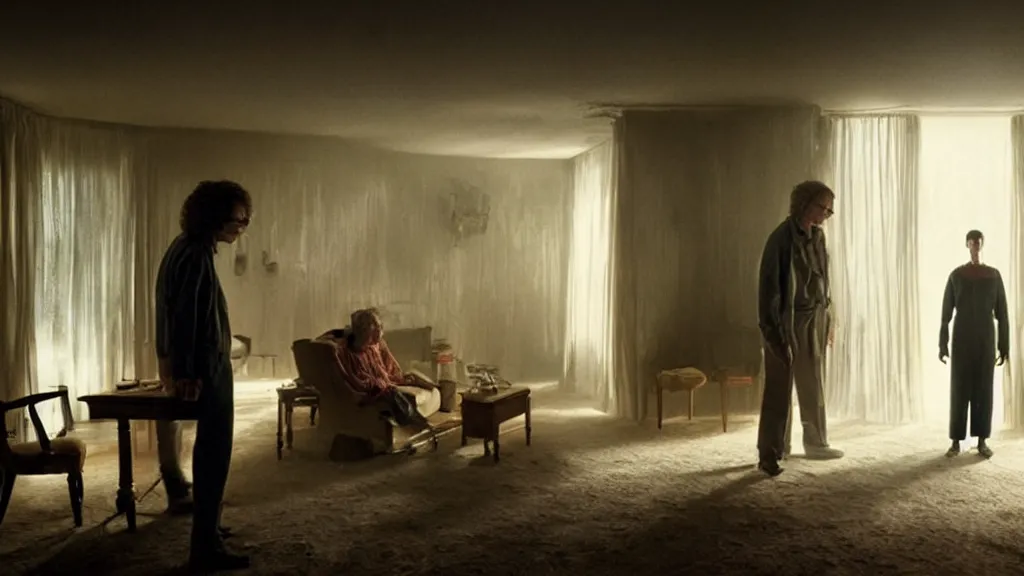 Image similar to the people inside the upside down house, film still from the movie directed by denis villeneuve and david cronenberg, with art direction by salvador dali, wide lens