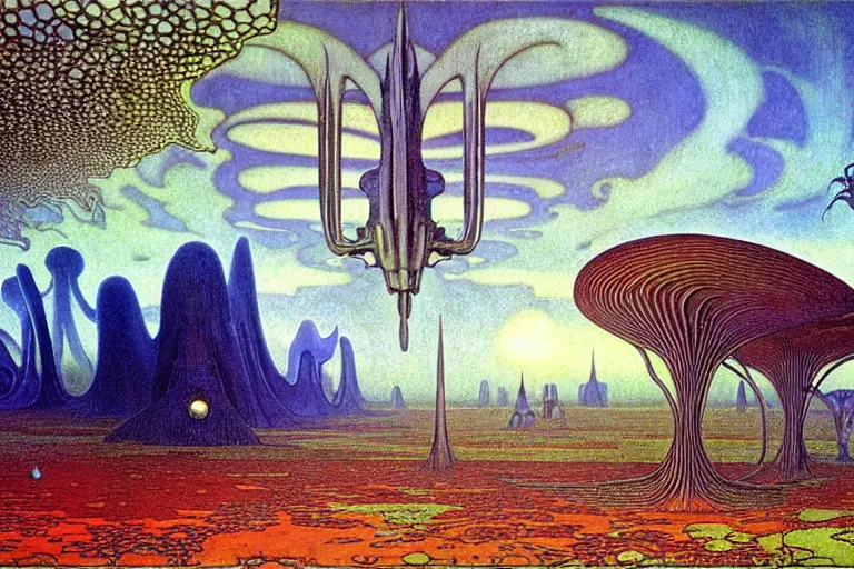 Prompt: realistic detailed landscape painting a single house in a plain field, single ufo in the sky, futuristic sci-fi forest on background by Jean Delville, Amano, Yves Tanguy, Alphonse Mucha, Ernst Haeckel, Edward Robert Hughes, Roger Dean, rich moody colours, blue eyes